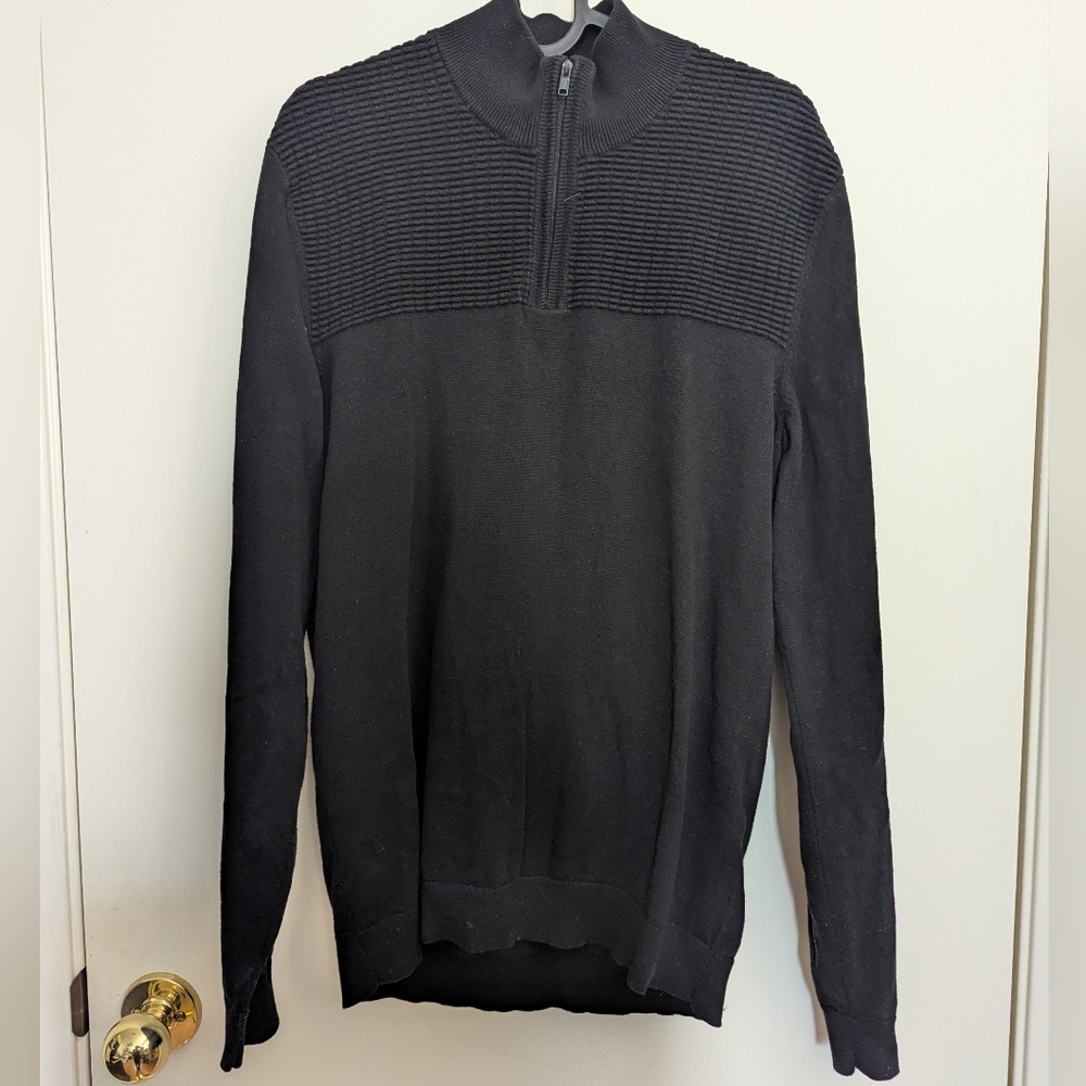 Alfani Sweater Mens Small Black Textured Shoulder Quarter Zip Pullover Cotton